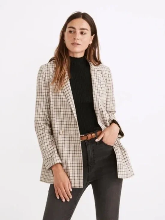 Madewell Plaid Oversized Spring Blazer Purple Green Tan Size Medium Professional - Picture 1 of 14